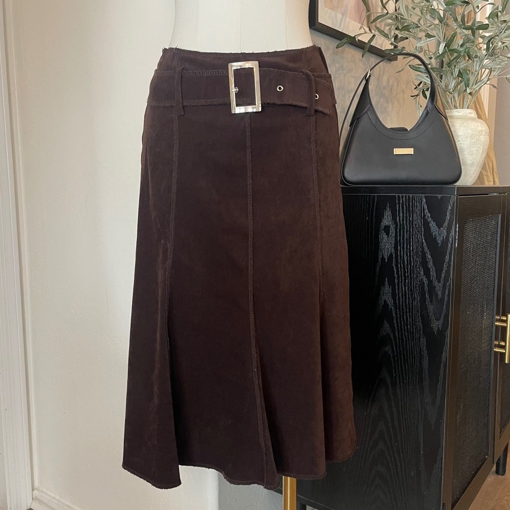 Luly K Faux Suede Belted Midi Skirt Womens XS Dark Brown Good Y2K Grunge Flare